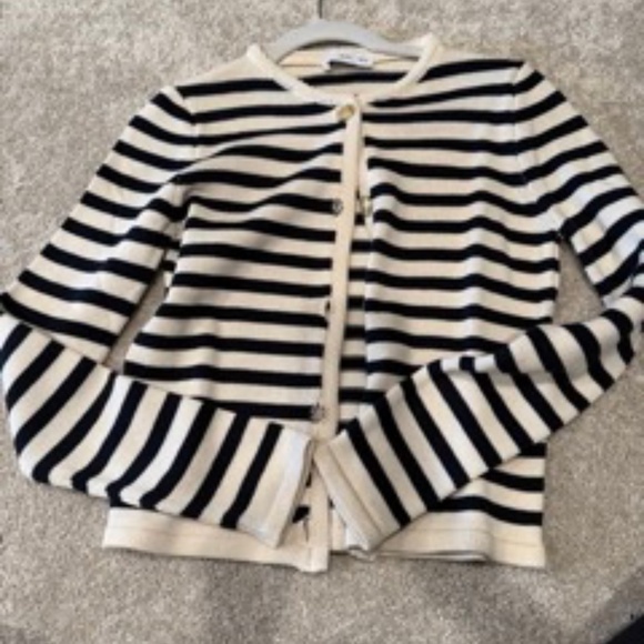 Mango Navy and Ivory Stripe Cardigan with Gold Buttons Size Small - Picture 1 of 1
